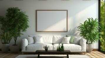 ai generato hoto interno vuoto foto telaio vivente camera con bianca divano. 3d interpretazione