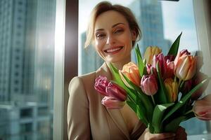 ai generato un adulto donna nel attività commerciale Abiti detiene un' mazzo di tulipani e sorrisi. ai generato. foto