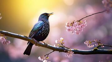 ai generato nel presto molla, un' storno canta su un' albero ramo. ai generato. foto