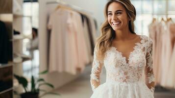 ai generato il futura sposa è provando su un' vestito nel un' bridal boutique. generativo ai foto