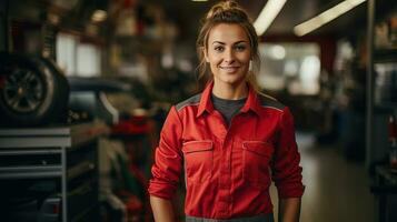 ai generato giovane professionale meccanico donna che rappresentano competenza e cordialità nel un auto riparazione negozio. generativo ai foto