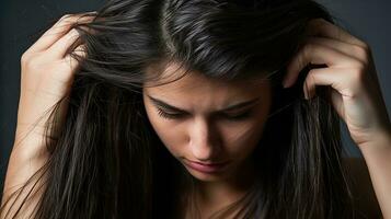 ai generato giovane donne sofferenza a partire dal forfora i problemi, cuoio capelluto i problemi e capelli cura le difficoltà. generativo ai foto