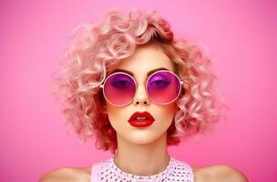 ai generato carino giovane donna indossare occhiali da sole al di sopra di rosa sfondo donna foto