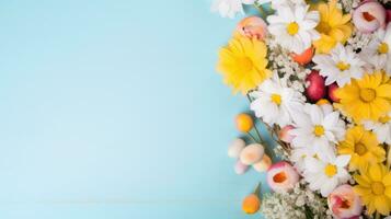 ai generato vivace sfondo con uova, fiori, e ampio copia spazio foto
