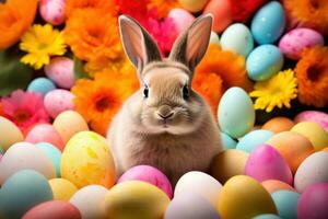 ai generato vivace sfondo ornato con un' affascinante coniglietto, colorato uova, e festivo rallegrare foto