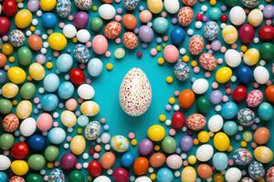 ai generato Pasqua sfondo con vivace colori, decorato uova, e camera per festivo saluti foto