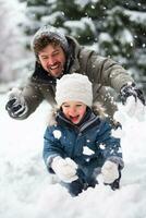 ai generato papà e figlio godere un' nevoso giorno, giocoso palla di neve lotte foto