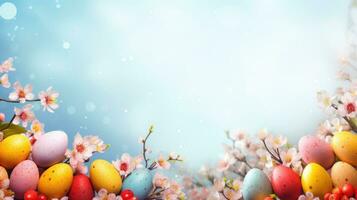 ai generato colorato Pasqua sfondo ornato con vivace uova, fiori, e spazioso copia la zona foto