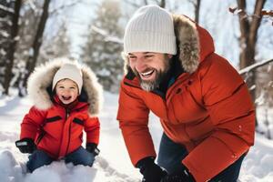 ai generato papà e figlio Condividere risatine, palla di neve lancia, e nevoso avventure foto