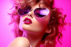 ai generato giovane affascinante donna indossare occhiali da sole dietro a rosa leggero giovane donna foto