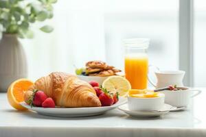 ai generato un' delizioso prima colazione tableau con Cornetti, frutti di bosco, e cottura a vapore caffè foto