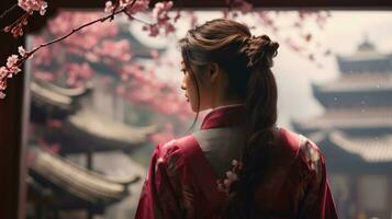 ai generato un' signora indossare un' tradizionale Cinese costume sembra a alcuni ciliegia fiori foto