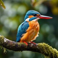 ai generato un' colorato martin pescatore arroccato su un' albero ramo foto