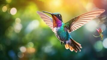 ai generato un' vivace colibrì librarsi nel a mezz'aria, suo iridescente piume scintillante nel il luce del sole foto