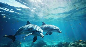 ai generato delfino e delfini nuoto nel il oceano con sole su foto