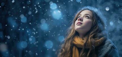 ai generato un' bellissimo ragazza guardare su per il caduta stelle con neve i fiocchi di neve contro foto
