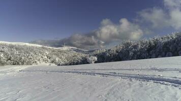 fantastico inverno paesaggio di alto montagna e nevoso foresta su nuvoloso, blu cielo sfondo. sparo. soleggiato giorno nel bianca, inverno rocce e alberi coperto con neve contro luminosa cielo. foto