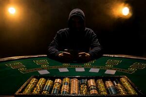 ritratto di un' professionale poker giocatore seduta a poker tavolo foto