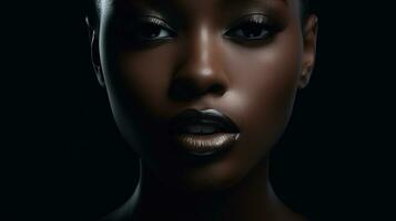 ai generato avvicinamento ritratto di un' bellissimo africano americano donna con buio rendere su su nero sfondo. foto