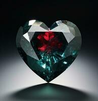 ai generato cuore di un' diamante, di buio Smeraldo e rosso foto