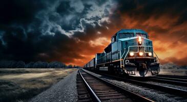 ai generato nolo carico treno in viaggio su treno brani su buio cielo foto
