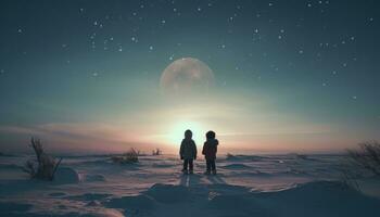 ai generato Due giovane ragazzi In piedi nel il neve prospiciente un' bianca Luna foto