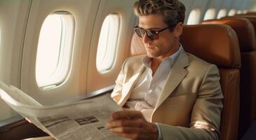ai generato persona indossare bicchieri si siede nel il aereo lettura un' giornale foto