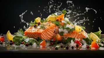 ai generato salmone e erba Bruschetta principale pesce specialista foto