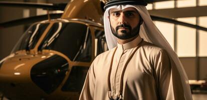 ai generato il uomo, indossare un Emirati Arabi Uniti uniforme, sembra a il elicottero foto