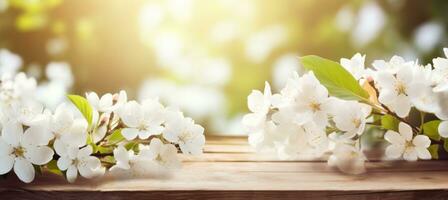 ai generato bianca fiorire fiori su un' legna tavolo foto