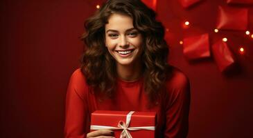ai generato Natale gioia donna con rosso scatola su rosso sfondo foto