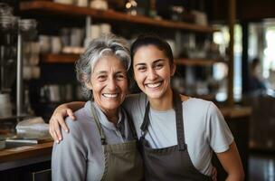 ai generato femmina chef e baristi insieme a un' bar foto