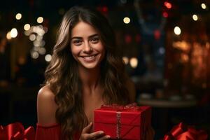 ai generato sorridente giovane donne con rosso regalo scatola con Sorridi su sua viso foto