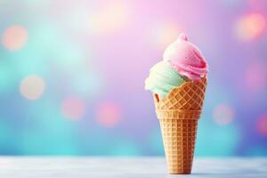 ai generato un' avvicinamento di un' cialda cono con rosa e verde ghiaccio crema scoop contro un' colorato bokeh sfondo. ideale per Annunci, menu, o estate promozioni foto