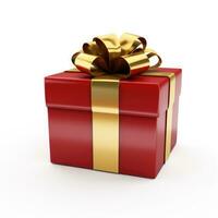 ai generato compleanno regalo, Natale regalo, rosso scatola con oro arco su bianca sfondo. foto