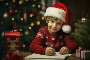 ai generato poco europeo ragazzo scrittura lettera per babbo natale, desiderio elenco di regali per Natale nel decorato camera foto