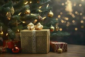 ai generato regalo scatole vicino decorato Natale albero con ghirlanda luci, copia spazio foto