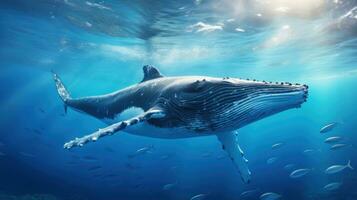 ai generato subacqueo scena con un' grande balena e piccolo pesce nel blu oceano acque. Perfetto per marino biologia studi, sfondi, o natura presentazioni foto