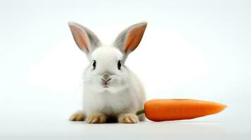 ai generato bianca coniglio e carota su un' bianca sfondo. con copia spazio. Pasqua coniglietto. adatto per vario usi come come animale domestico cibo annunci o natura umorismo soddisfare foto