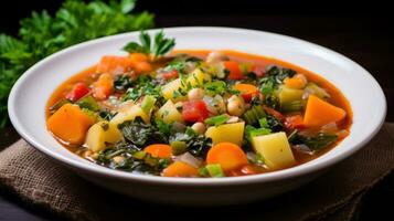 ai generato un' sostanzioso e salutare verdura la minestra con pezzi di colorato verdure e rametto di fresco erbe aromatiche su superiore foto