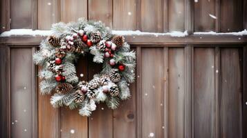 ai generato un' bellissimo Natale ghirlanda sospeso su un' rustico di legno porta foto