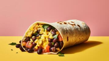 ai generato un' prima colazione burrito pieno con strapazzate uova, nero fagioli, formaggio, e salsa foto