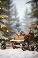 ai generato un' rustico Natale scena con un' di legno slitta, pino coni, e sempreverde rami foto