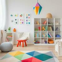 ai generato figli di camera con un' colorato tappeto, scaffale con colorato Conservazione bidoni, un' sedia e un' pavimento lampada. foto