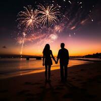 ai generato silhouette di un' coppia a piedi mano nel mano su il spiaggia con fuochi d'artificio illuminazione su il notte cielo foto