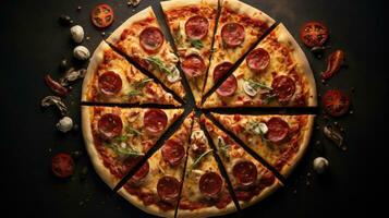 ai generato Pizza fette disposte nel un' spirale modello, sottolineando il simmetrico bellezza di il Pizza foto