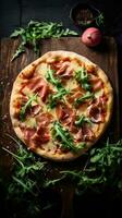 ai generato un' buongustaio Pizza con unico condimenti come come prosciutto, rucola, e rasato parmigiano formaggio foto