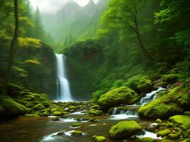 ai generato creato utilizzando generativo ai. tranquillo, calmo paesaggi. fiaba elfo foresta con cascate e montagne. foto