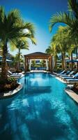 ai generato un' fascia alta in stile resort piscina con elegante Cabanas e scintillante blu acqua foto