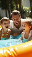 ai generato contento famiglia godendo un' giorno nel piscina, con bambini giocando su gonfiabili e genitori oziare nelle vicinanze foto